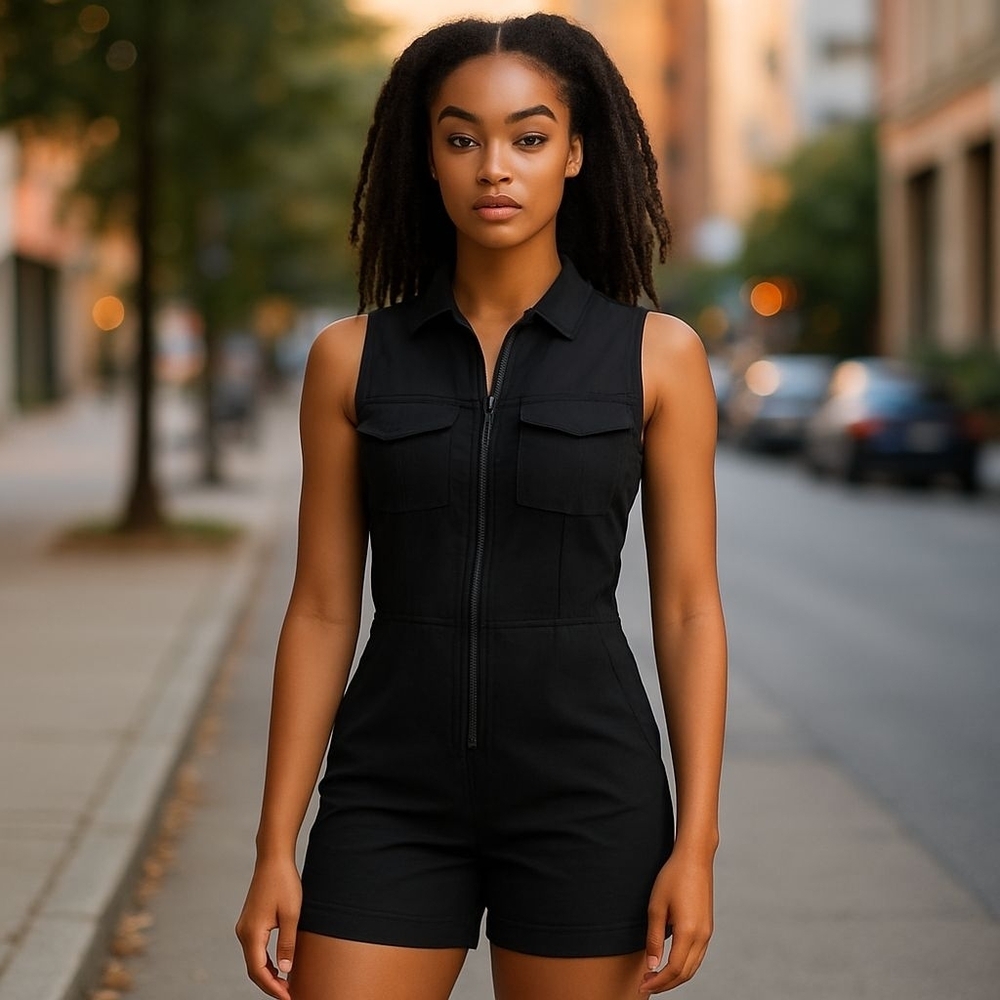 NWOT Spandex Black Sleeveless Jumpsuit With Cargo Pockets Ruched Butt